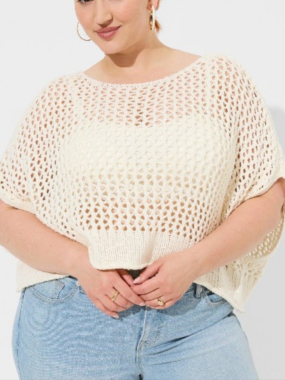torrid Open-Knit Cropped Crew Sweater - Cream